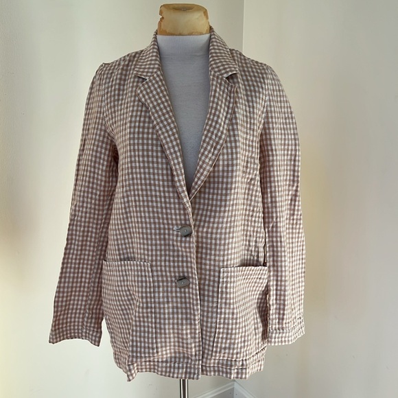 Madewell medium tan and white gingham dorset linen blazer. - Picture 1 of 11